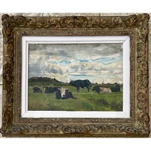 French School 19th Century Dlg Eugene Boudin Painting 19th Century Cows Landscape Normandy