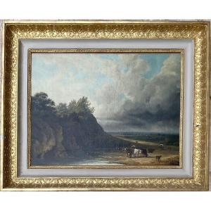 French School Dlg Jacques Brascassat 19th Century Painting Landscape Cliff With Cows Normandy 
