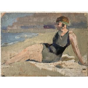 LUCIENNE CAPDEVIELLE PETITE PEINTURE 1920/30 JEUNE BAIGNEUSE ART DECO