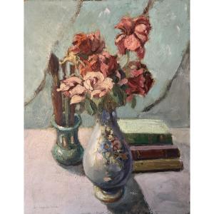 LUCIENNE CAPDEVIELLE PEINTURE 1930 NATURE MORTE AU FLEURS , LIVRES ET PINCEAUX 