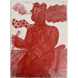 Alekos Fassianos Lithographie Originale 1971 Le cycliste Rouge Épreuve d’Artiste 