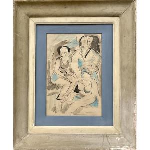 RARE DESSIN ENCRE ET AQUARELLE ORIGINALE  1930  LES 3 BAIGNEUSES  ART DECO