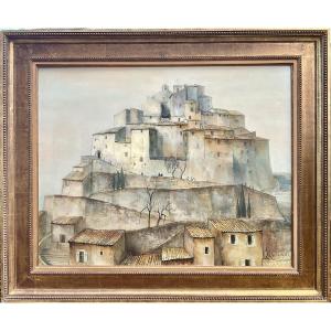Guy Seradour Large Painting Southern Landscape Village Coursegoules Alpes Maritimes 30f