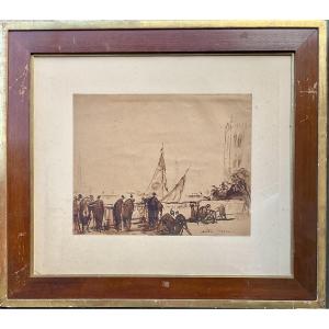 ANDRÉ MAIRE CANAL VENISE GONDOLIERS 1925 ŒUVRE ORIGINALE AQUARELLE ET ENCRE 