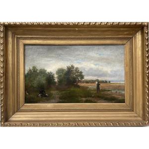 Auguste Bachelin Painting 19th Century Lake Neuchatel Hunting Scene Swiss Landscape 