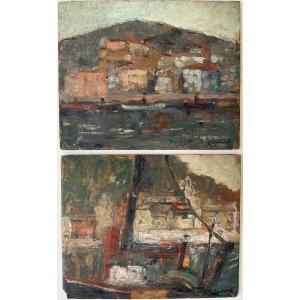LUCIENNE CAPDEVIELLE LOT 2 PEINTURES MARINE BATEAUX PORT DE PÊCHE  1920/30