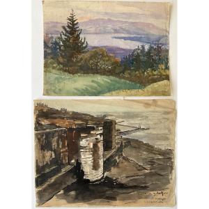 LUCIENNE CAPDEVIELLE  2 AQUARELLES LAC LEMANS + MALAGA 1920/30