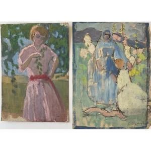 LUCIENNE CAPDEVIELLE 2 PEINTURES RELIGIEUSE + JEUNE FEMME 1920/30