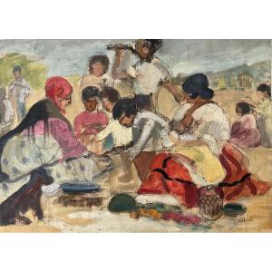 LUCIENNE CAPDEVIELLE PEINTURE 1920 FAMILLE GITANE EN BORD DE MER