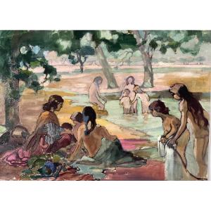 LUCIENNE CAPDEVIELLE PEINTURE 1920 FEMMES GITANES ET ENFANTS BAIGNADE AU LAC