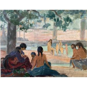 Lucienne Capdevielle Painting 1920 Gypsy Women And Children Bathe In The Lake -