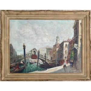 Merio Ameglio Painting 25p Venice Rialto Bridge Gondoliers Original Work 1951