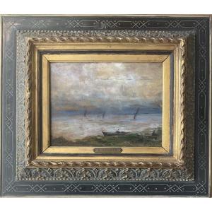 Eugene Boudin Original Painting Hsp Sailboats And Fisherman Painting 1892