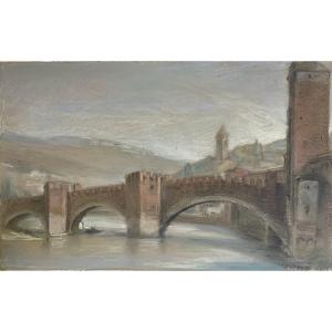 LÉON CHESNAY RARE  PASTEL 1920 ITALIE PONT DE PIERRE VÉRONE FLEUVE ADIGE
