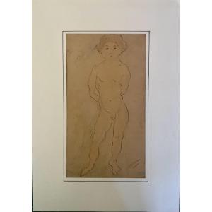 Jules Pascin Original Ink And Watercolor Drawing Young Nude Boy Signature