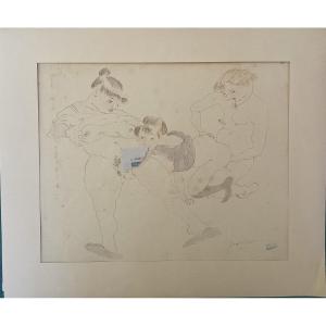 JULES PASCIN DESSIN AQUARELLE SCÈNE EROTIQUE HOMME ET FEMMES 