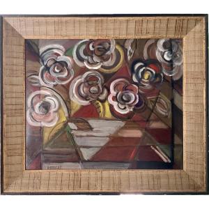 ELISABETH RONGET PEINTURE ORIGINALE COMPOSITION NATURE MORTE CUBISTE FLEURS 10F