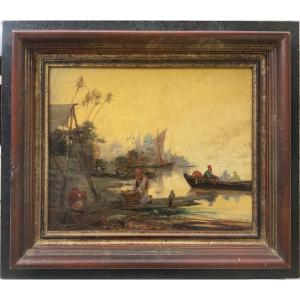 FÉLIX ZIEM TABLEAU PEINTURE ORIGINALE PÊCHEURS SUR LE BOSPHORE MARINE ORIENT 