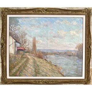 LOUIS LE BAIL TABLEAU PEINTURE ORIGINALE 1901 BORD DE SEINE MEDAN MOULIN ROUGE