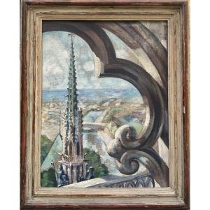 L.GUERIN  TABLEAU 1943 PEINTURE LA SEINE À PARIS VUE DU HAUT DE NOTRE DAME 