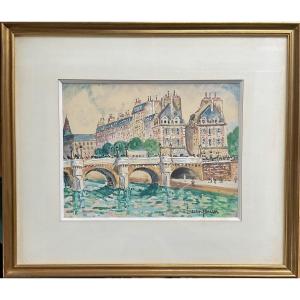 LUCIEN GENIN GOUACHE ORIGINALE PARIS LA SEINE LE PONT NEUF 1920/30