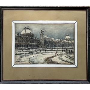 Frank Mayer Boggs Charcoal Watercolor Paris Jardin Des Tuileries Under The Snow 1900
