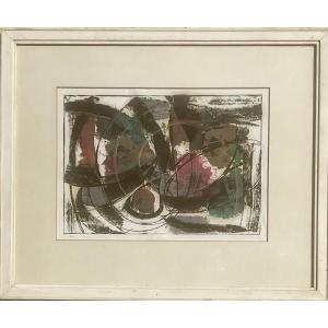 Rolf Cavael Lyrical Abstraction Original Gouache 1952 Signature Dedication