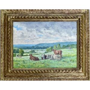 Valère Lefebvre Tableau vaches au pré Villerville Normandie Peinture 1894
