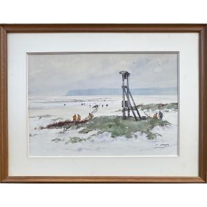 Pierre Brette Large Watercolor Fishermen Dragey Beach Normandy