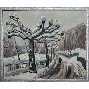 René Samuel Béguin Tableau 1939 Chemin de Krieg Paysage de neige Suisse