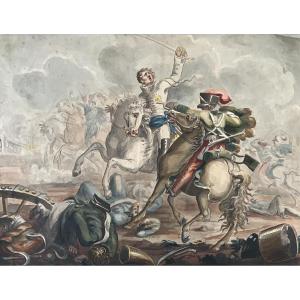 BELLE AQUARELLE ORIGINALE 1830/40 SCÈNE DE BATAILLE 1 er EMPIRE