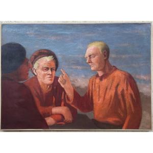 Antoine Druet Tableau HST La Conversation Peinture originale 1890