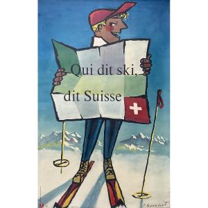 Pierre Monnerat Original Poster, 1950, Snow, Skiing, Swiss Mountains, Vintage Poster