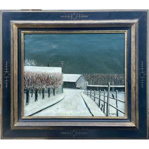 Ferdinand Desnos tableau HST Neige à Pontlevois en Touraine Peinture 1932