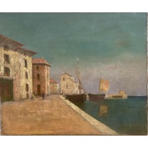 19th-century School Painting: Southern Landscape With Port And Boat, Hst Painting, 65 X 54 Cm