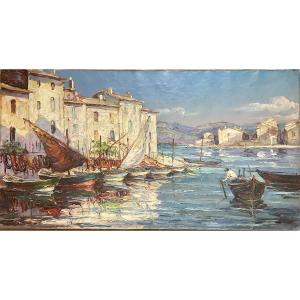 Maurice Barle Tableau HST Peinture 1930 port de Martigues Le Brescon 40 x 75 cm