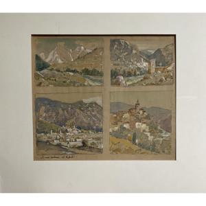 19th-century School: Set Of 4 Watercolor Landscape Paintings Of The South, Provençal School