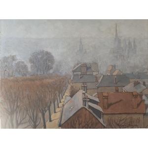 Jacques Simon Tableau Peinture vue sur les toits et Clochers de Rouen 1930/40