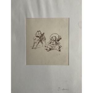 Eugene Louis Lami Ink Drawing Sepia 1850 Child And Dog