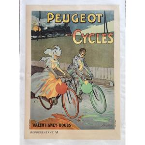 Lobel Riche Rare Lithographic Poster, 1900, Peugeot Bicycle, Valentigney, Doubs, 1900 Poster