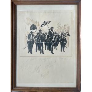 Original Drawing Of Dejan’s Olympia Brass Band, 1983, New Orleans—autographs By The Musicians