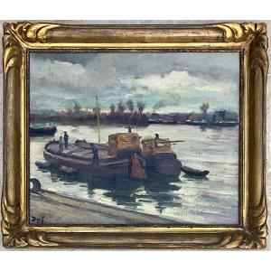MARCEL DYF TABLEAU PÉNICHES BORD DE SEINE PEINTURE ORIGINALE MARINE 1960