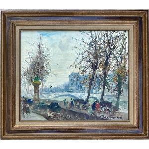 Mério Améglio Tableau HST Paris les quais le Louvre Dim : 55 x 46 cm
