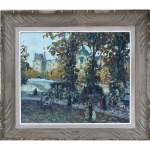 Mério Améglio Tableau HST Paris les quais Vue sur le Louvre Dim : 55 x 46 cm