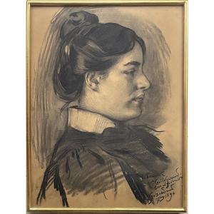 Victor Prouvé, Original Drawing, 1896, Portrait Of Mlle Cécile Garnier, Gérardmer