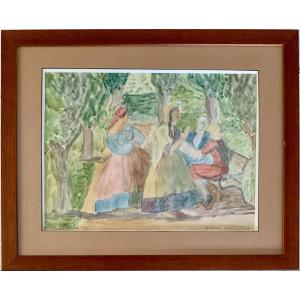 Hanna Krzetuska, Watercolor: People In The Park, 1943, Krakow, Poland