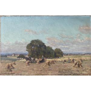 Pierre Bonnerot grand tableau 1930/40 Paysage le travail aux champs campagne 100 x 60 cm