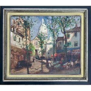 Mério Améglio Tableau HST Scène animée Paris Montmartre Place du tertre 55 x 46 cm