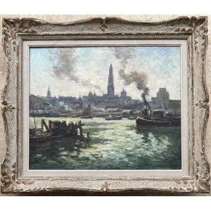 Marcel Parturier Marine Painting, 1950: The Scalla, Port Of Antwerp, Belgium