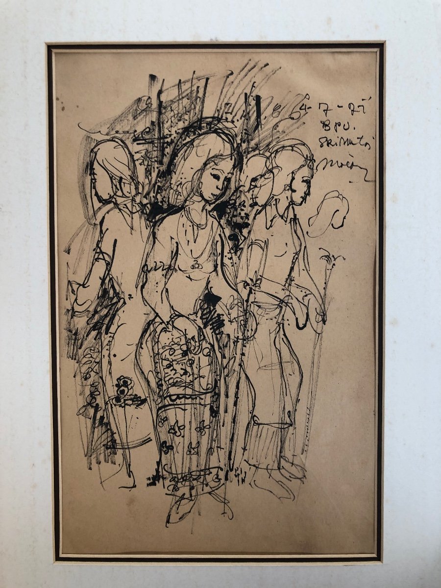 Ink Drawing Of Javanese Dancers 1970